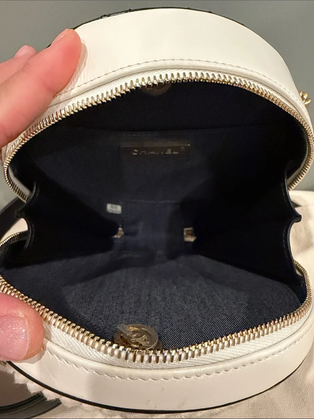CHANEL Black Leather Circular Crossbody with Cream Rope Trim